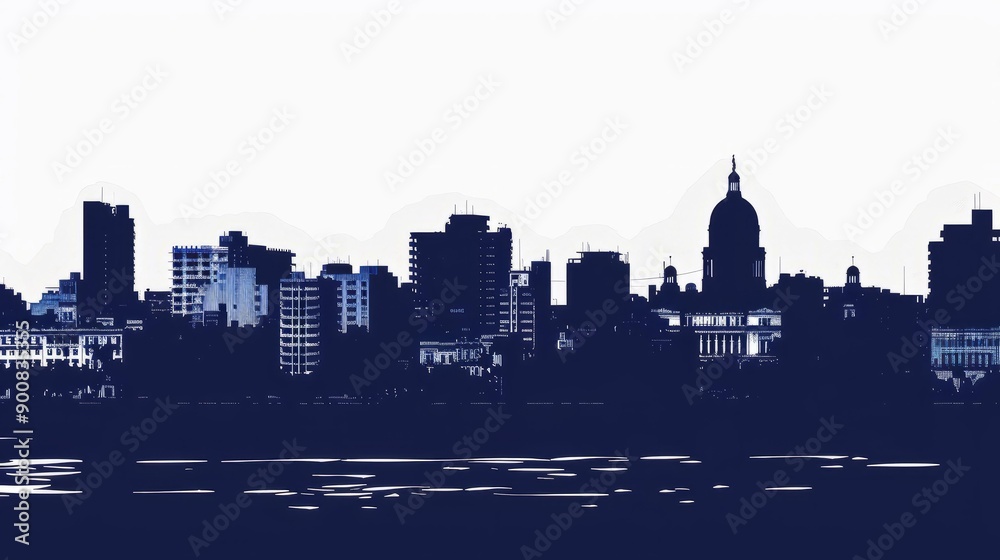 Naklejka premium Silhouette of Havana city skyline with iconic landmarks and buildings reflected in calm water at dusk