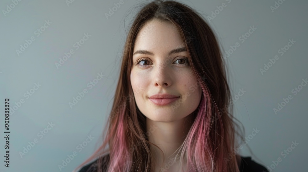 Portrait of a serene young woman with long hair and subtle pink highlights. Close-up shot with soft light, ideal for lifestyle and beauty themes. Conceptualizes calm and confidence. AI Portrait of a serene young woman with long hair and subtle pink highlights. Close-up shot with soft light, ideal for lifestyle and beauty themes. Conceptualizes calm and confidence. AI