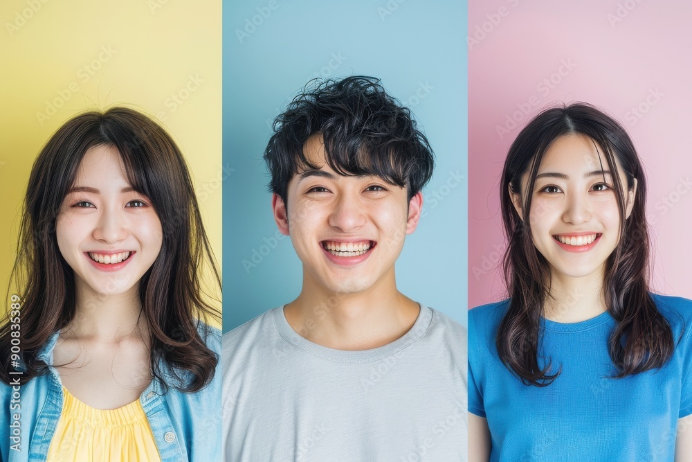 カラフルな背景の男女の3人（マッチングアプリ・婚活・転職・引っ越し）