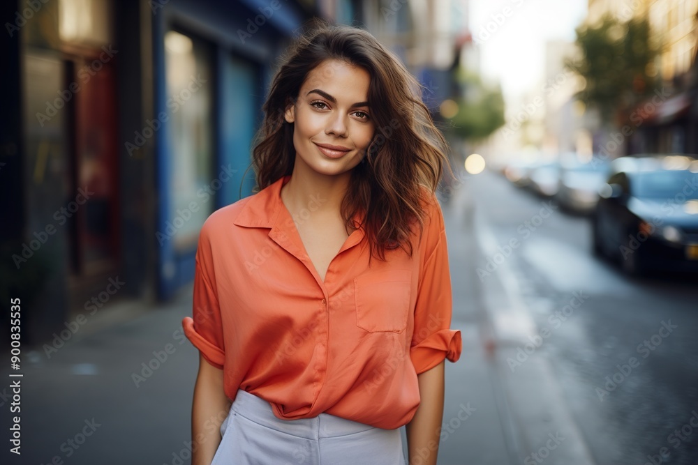Fototapeta premium A woman in an orange shirt and white pants is standing on a city street