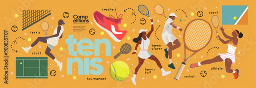 Tennis and international sport games. Vector abstract illustrations of woman and man tennis player on tournament, court, tennis ball, racket and sneaker. Isolated objects, elements and icons