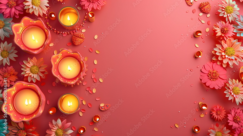 Cheerful Diwali backdrop with a radiant coral pink surface, decorated with colorful rangoli patterns, floating lanterns, and twinkling oil lamps. Oriental festival of lights. Ramadan Cheerful Diwali backdrop with a radiant coral pink surface, decorated with colorful rangoli patterns, floating lanterns, and twinkling oil lamps. Oriental festival of lights. Ramadan