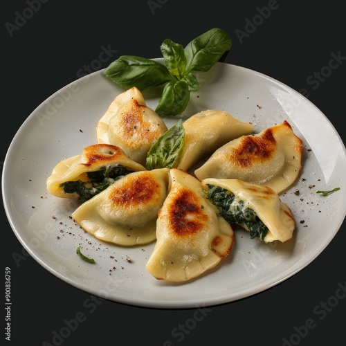 Delicious homemade pierogi arranged on a white plate with spinach filling. Perfect for stock photos, blogs, and food recipes. Close-up image with a dark background for a rustic feel. AI photo