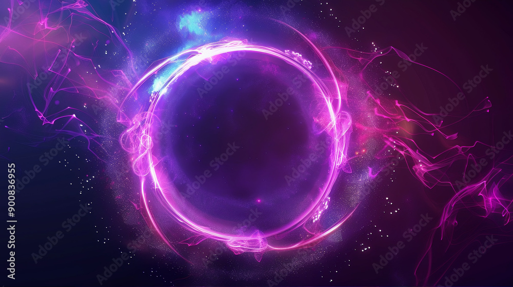 Glowing neon sign in a circle. Abstract neon sphere, optical halo glowing flare sphere, purple sphere ring shape, paticle luminescent putple flaming sphere