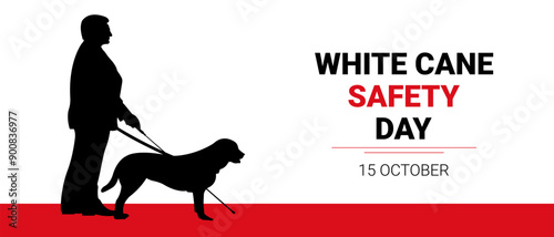 White Cane Safety Day banner.Vector illustration with silhouette of blind man with cane and guide dog.