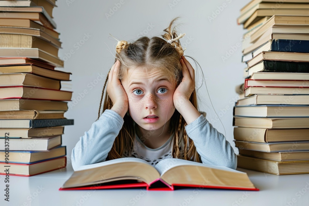 Overwhelmed young student girl studying between towering stacks of books in a library or classroom