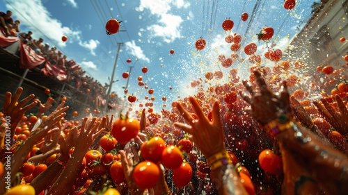 La Tomatina. People throwing tomatoes in the streets. Generative AI photo