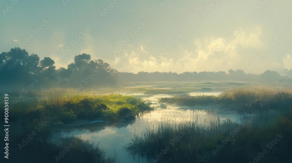Enigmatic misty marshlands with tall grasses and serene, fog-covered water, soft light breaking through Enigmatic misty marshlands with tall grasses and serene, fog-covered water, soft light breaking through