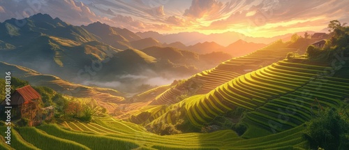 Stunning terraced rice fields cascading down hillsides, glistening with water under a warm photo