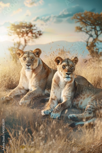 Photorealistic beautiful lion in the wild Savannah Generative AI