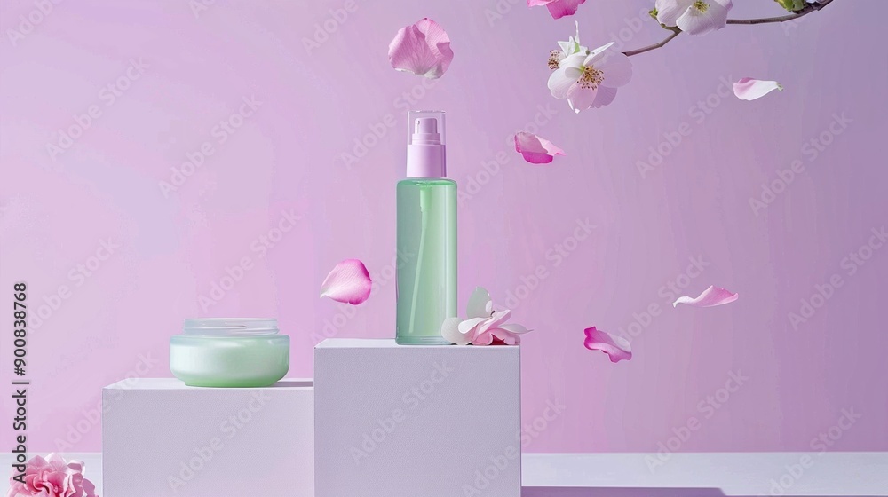 Elegant skincare display with lotion and cream jars on minimalist white platforms. Pink background with floating petals adds a fresh and delicate touch. Elegant skincare display with lotion and cream jars on minimalist white platforms. Pink background with floating petals adds a fresh and delicate touch.