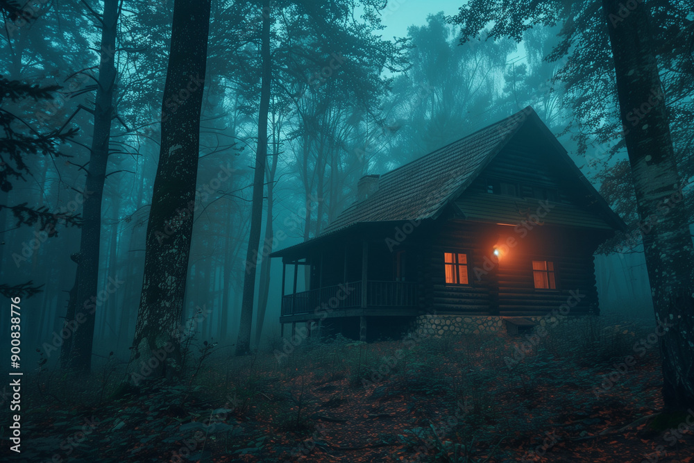 Abandoned Cabin in the Woods with ghostly shadows on Halloween night creating a creepy and scary scene Abandoned Cabin in the Woods with ghostly shadows on Halloween night creating a creepy and scary scene