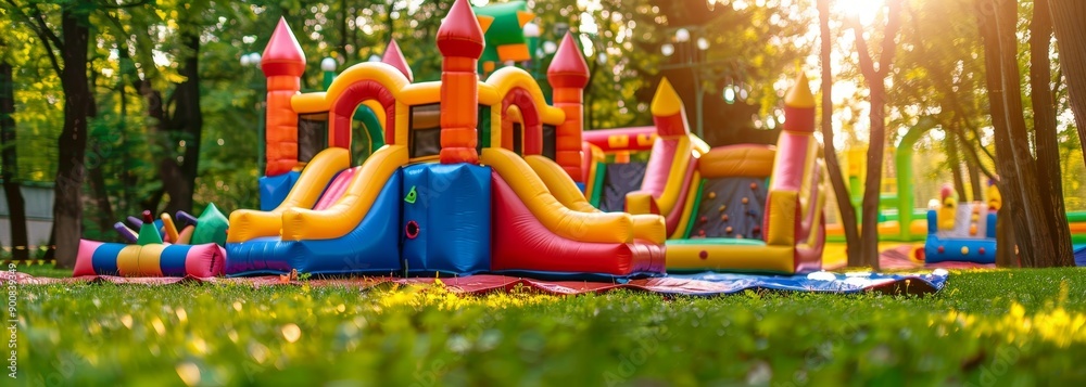 Fototapeta premium Bouncy rubber jumping castle house wallpaper background