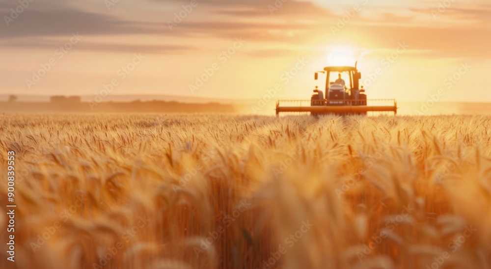Fototapeta premium Wheat Field With Combine Harvester at Sunset