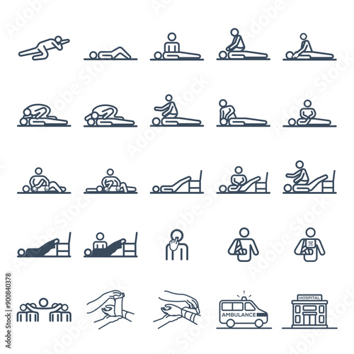 A set of vector icon drawings showing the type of intervention that should be done during first aid.