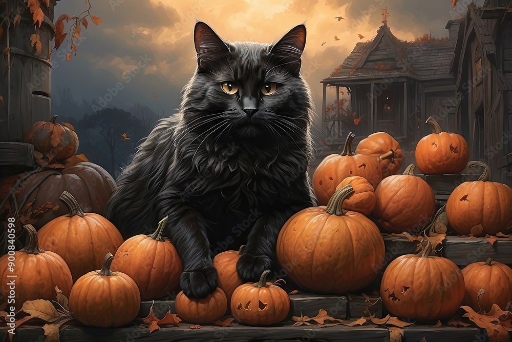 a black cat sitting on top of a pile of pumpkins a black cat sitting on top of a pile of pumpkins