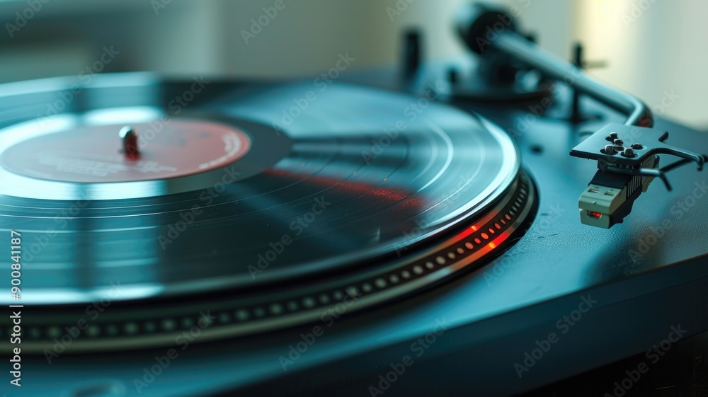 Close-up of vinyl record playing on turntable with arm and needle Close-up of vinyl record playing on turntable with arm and needle