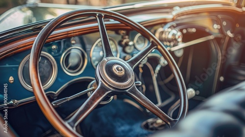 Vintage car interior with wooden steering wheel and classic dashboard design