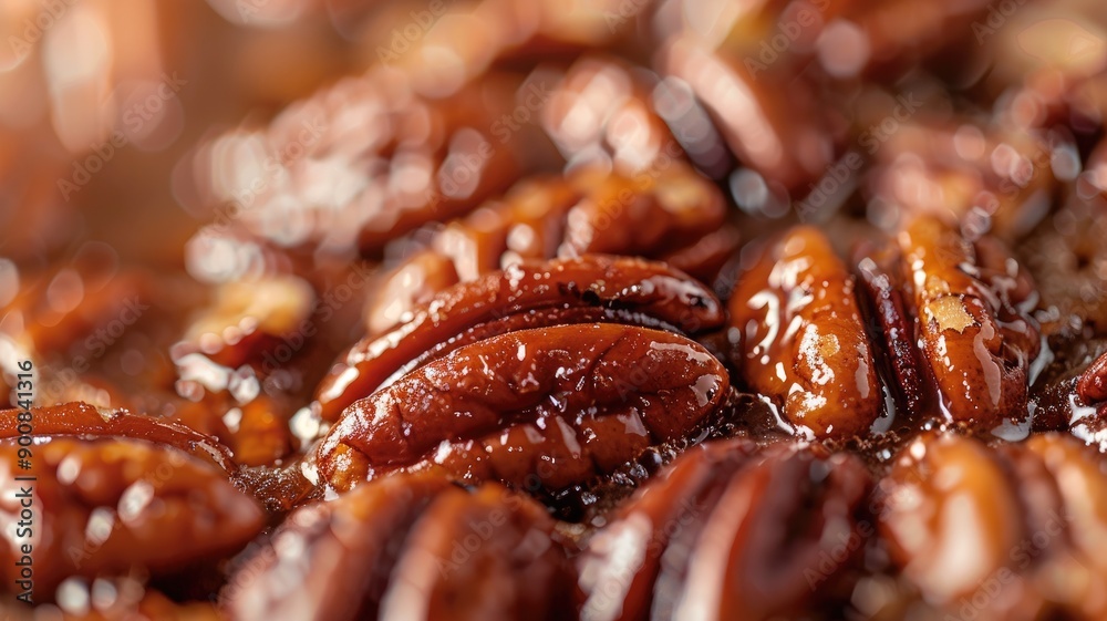 Close-up of glazed pecans with shiny, sugary coating