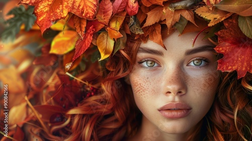 Autumn goddess close-up. Colorful leaves background