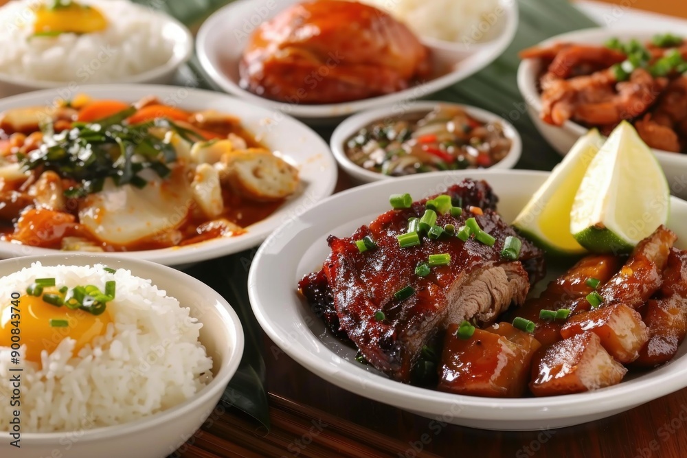 Delicious and savory traditional korean cuisine assortment served on a wooden table with a variety of homemade dishes including kimchi, barbecue, spicy jjigae, galbi, and colorful banchan Delicious and savory traditional korean cuisine assortment served on a wooden table with a variety of homemade dishes including kimchi, barbecue, spicy jjigae, galbi, and colorful banchan
