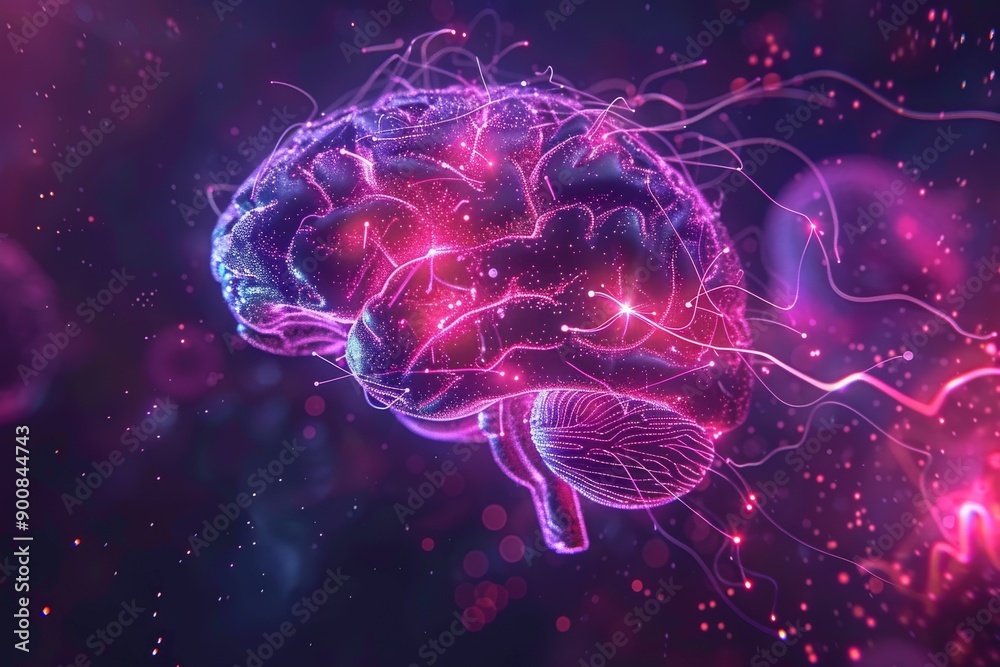 Abstract purple brain with neural connections symbolizing creativity and cognitive science in a vibrant and futuristic style