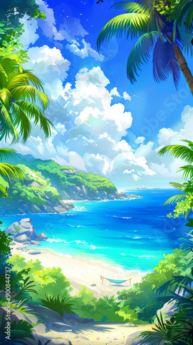 Tropical island with swaying coconut trees, pristine sandy beach, seashells, and small rocks. Calm, clear ocean with blue sky reflection, a small boat, and a hammock between trees..