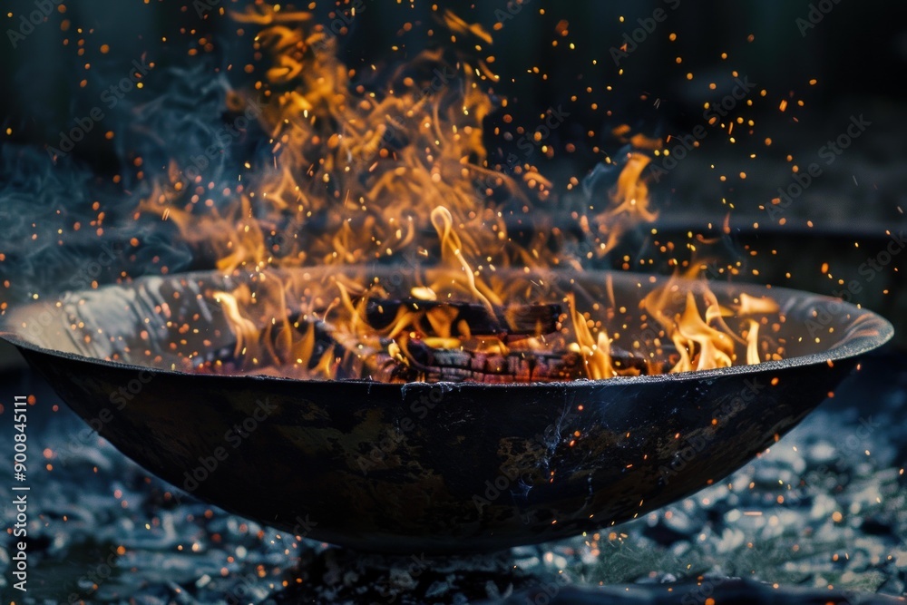 Sizzling stir fry in a wok with flames and flying sparks captured in high detail Sizzling stir fry in a wok with flames and flying sparks captured in high detail