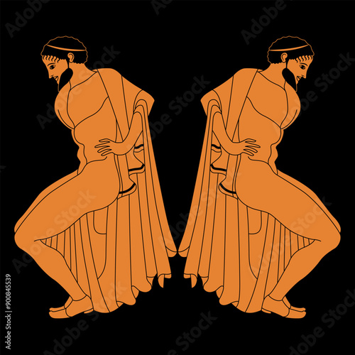 Symmetrical design with two ancient Greek men in a squatting position. Ethnic vase painting style.