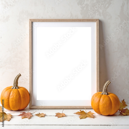 Fall or Autumn Themed Portrait Poster Frame Mockup Template with Minimal Thin Wood Frame, Pumpkins and Leaves