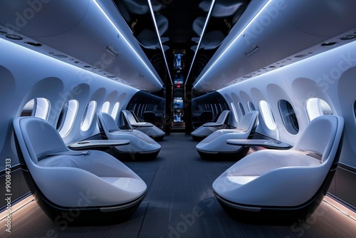 Elegant cabin of a private jet with comfortable seating and stylish lighting photo