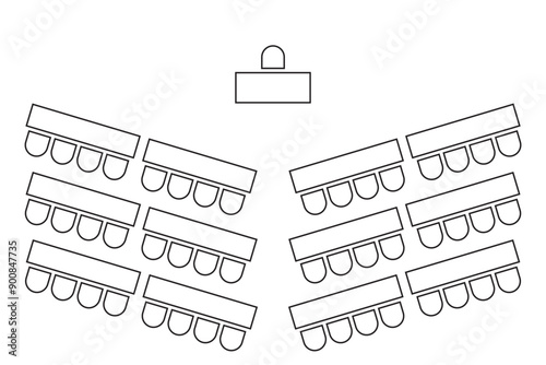 Auditorium seatings plan. Classroom seats arrangment. Schema of workspace in lectorium, meeting or conference, training or seminar business event. Desks and chairs icons top view. Vector illustration