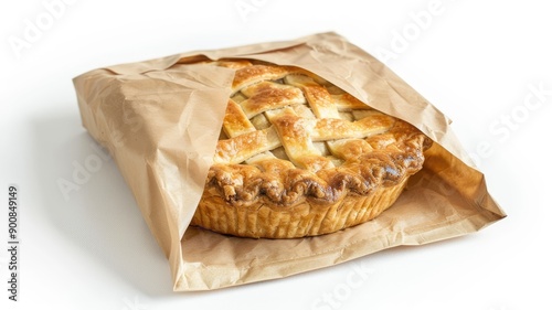 Freshly baked pie in brown paper bag, with golden crust photo