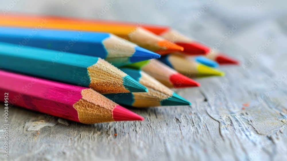Close-up of colorful, sharpened pencils arranged on wooden surface Close-up of colorful, sharpened pencils arranged on wooden surface