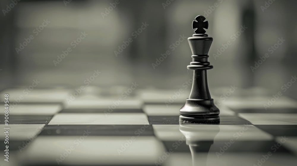 Close-up of chess piece, king, on chessboard in grayscale Close-up of chess piece, king, on chessboard in grayscale