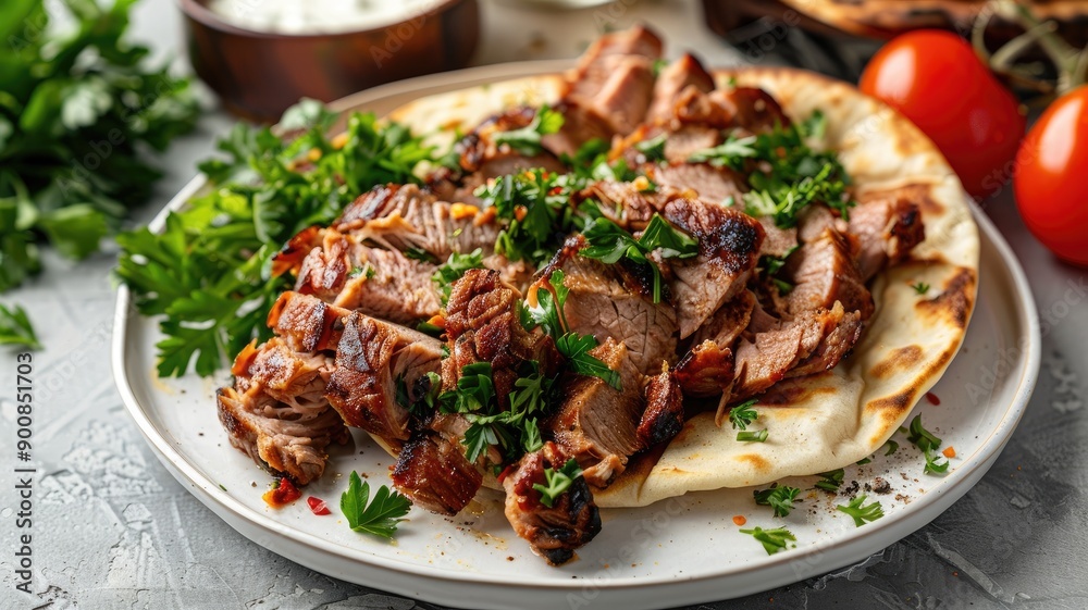 Grilled meat on pita bread, garnished with fresh parsley and tomatoes Grilled meat on pita bread, garnished with fresh parsley and tomatoes