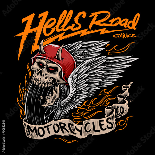 vector of skull helmet with flying wheel for custom motorcycle garage logo