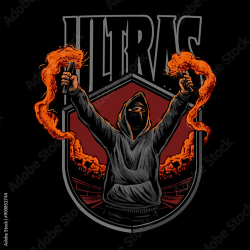 man football soccer supporter hooligan ultras mania with flare smoke bomb in tribune  stadium