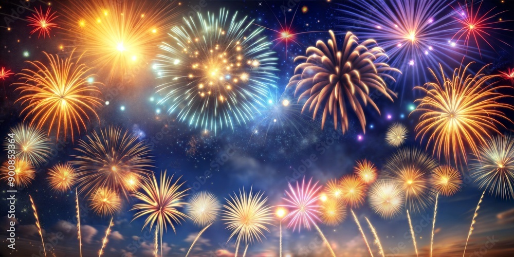 A celebratory New Year banner with sparkling fireworks and a midnight sky in the background A celebratory New Year banner with sparkling fireworks and a midnight sky in the background