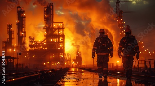 Firefighters Silhouettes Against Industrial Fire