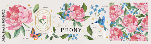 Peonies. Flowers. Vector floral illustrations of buds, leaves, frame, border, pattern, pink peony, bird, logo for wedding invitation, greeting card or background 