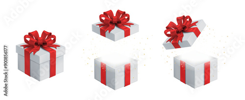 3d realistic vector icon illustration. Open and closed white gift boxes with red silky ribbon bow. Present box with glow inside isolated on white background.