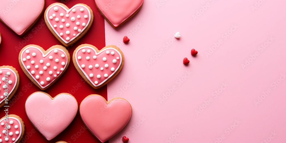 Obraz premium heart-shaped Cookies on Pink and Red Background