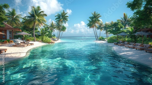 Scenic Overlook of Maldives Resort Pool and Beach, Complete with Swaying Palms and Sunny Skies