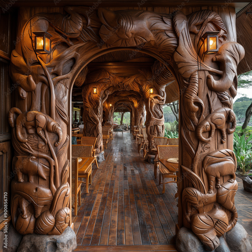Fototapeta premium Safari Lodge Access Via Hand-Carved Mahogany Doorway: A Grand Entrance
