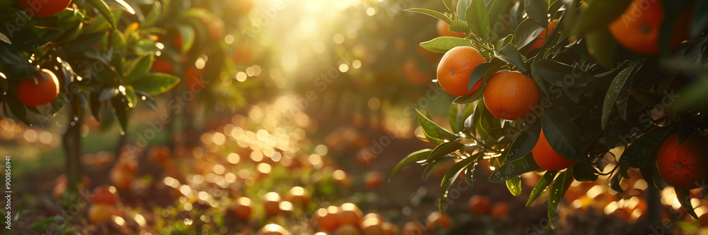 Obraz premium banner. Tangerines growing on a plantation, mild sunlight