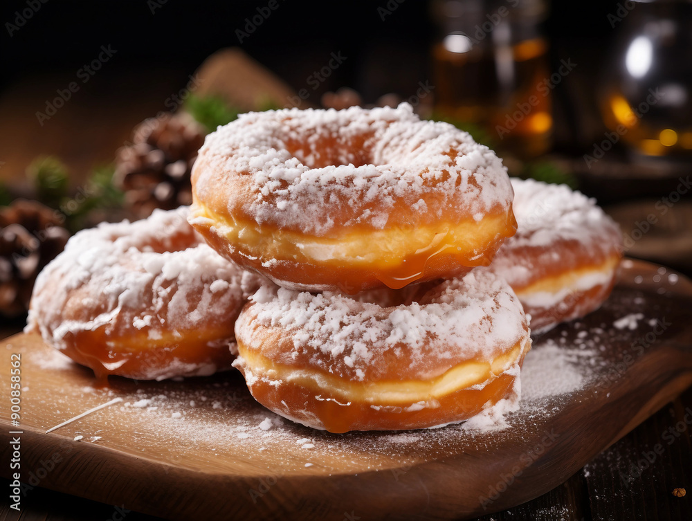 Glazed Doughnuts with Powdered Sugar on Wooden Surface Glazed Doughnuts with Powdered Sugar on Wooden Surface