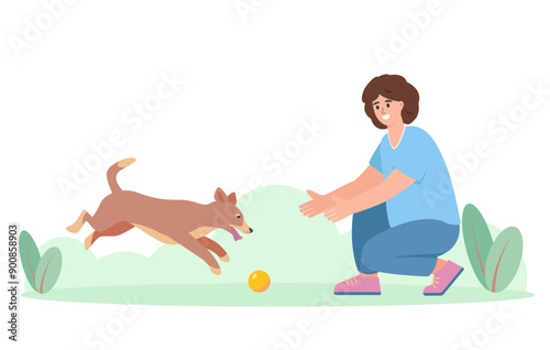 Young woman playing with dog. Happy Dog with ball and girl. Pet and owner. Adoption, charity, love, volunteering, pet care or help concept. Vector flat illustration isolated on white background.