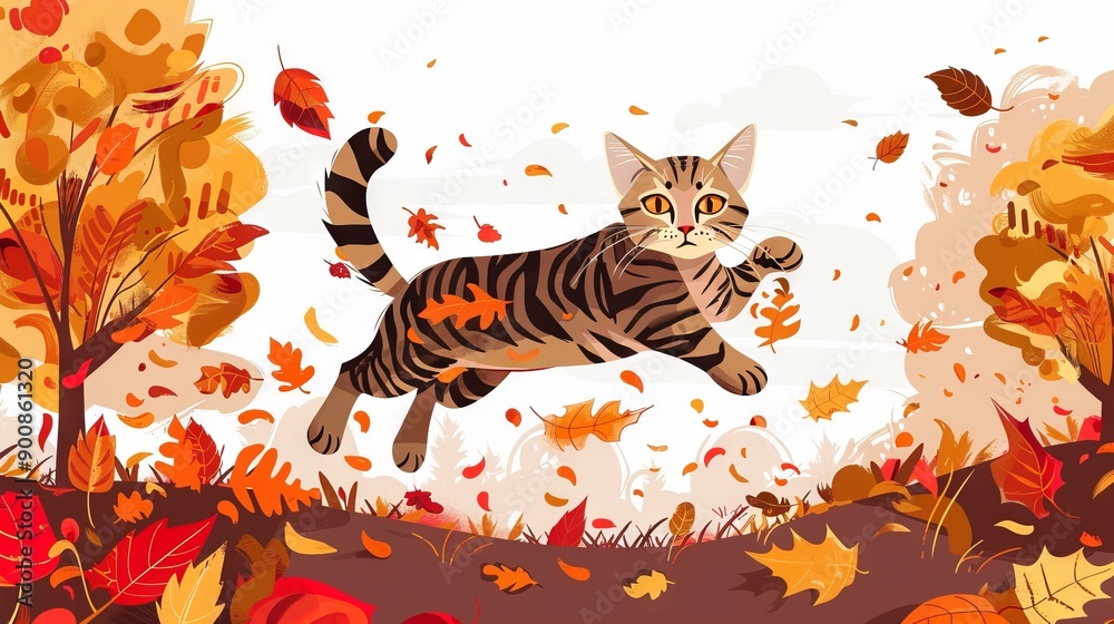 Playful Tabby Cat Leaping Among Autumn Leaves in a Whimsical Cartoon Style Illustration. Concept of cheerful feline, seasonal fall scenery, fun in nature, animated pet character Playful Tabby Cat Leaping Among Autumn Leaves in a Whimsical Cartoon Style Illustration. Concept of cheerful feline, seasonal fall scenery, fun in nature, animated pet character