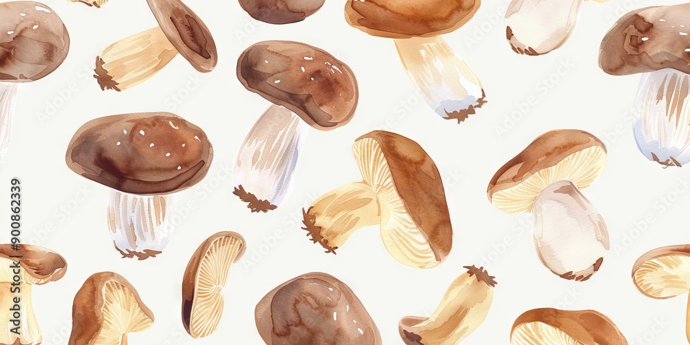 Watercolor art of various edible mushrooms and autumn leaves on white background. Concept of fungi, forest harvest, botanical illustration, nature pattern. Backround Watercolor art of various edible mushrooms and autumn leaves on white background. Concept of fungi, forest harvest, botanical illustration, nature pattern. Backround